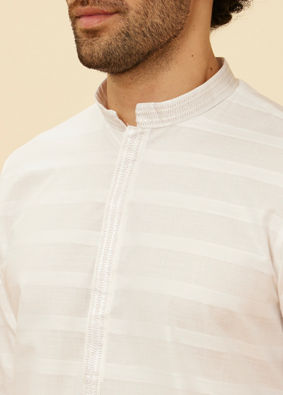 alt message - Manyavar Men Bright White Self Striped Classic Kurta Set image number 1